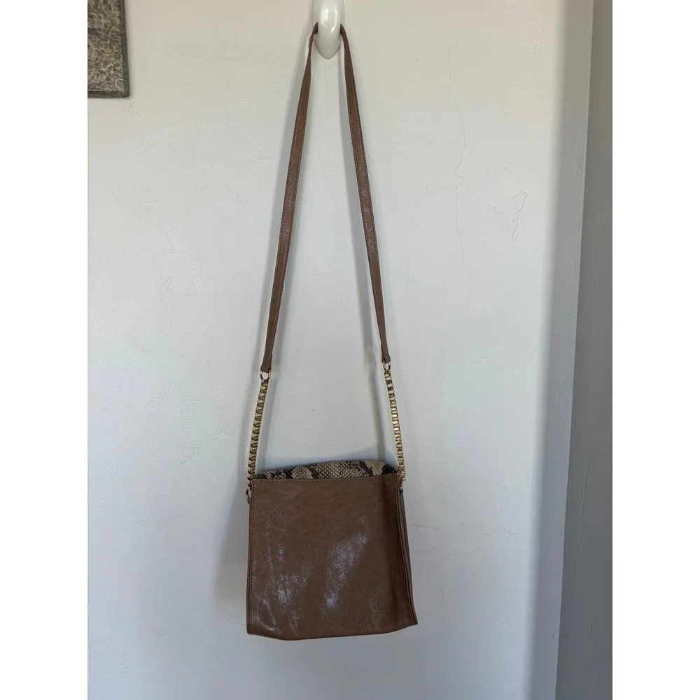 Gianni Bini Brown Crossbody Bag Neon Pink Accent Snakeskin Flap Gold Chain Strap